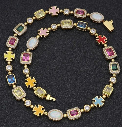 Gold-Plated Hip-Hop Gemstone Necklace & Bracelet Set