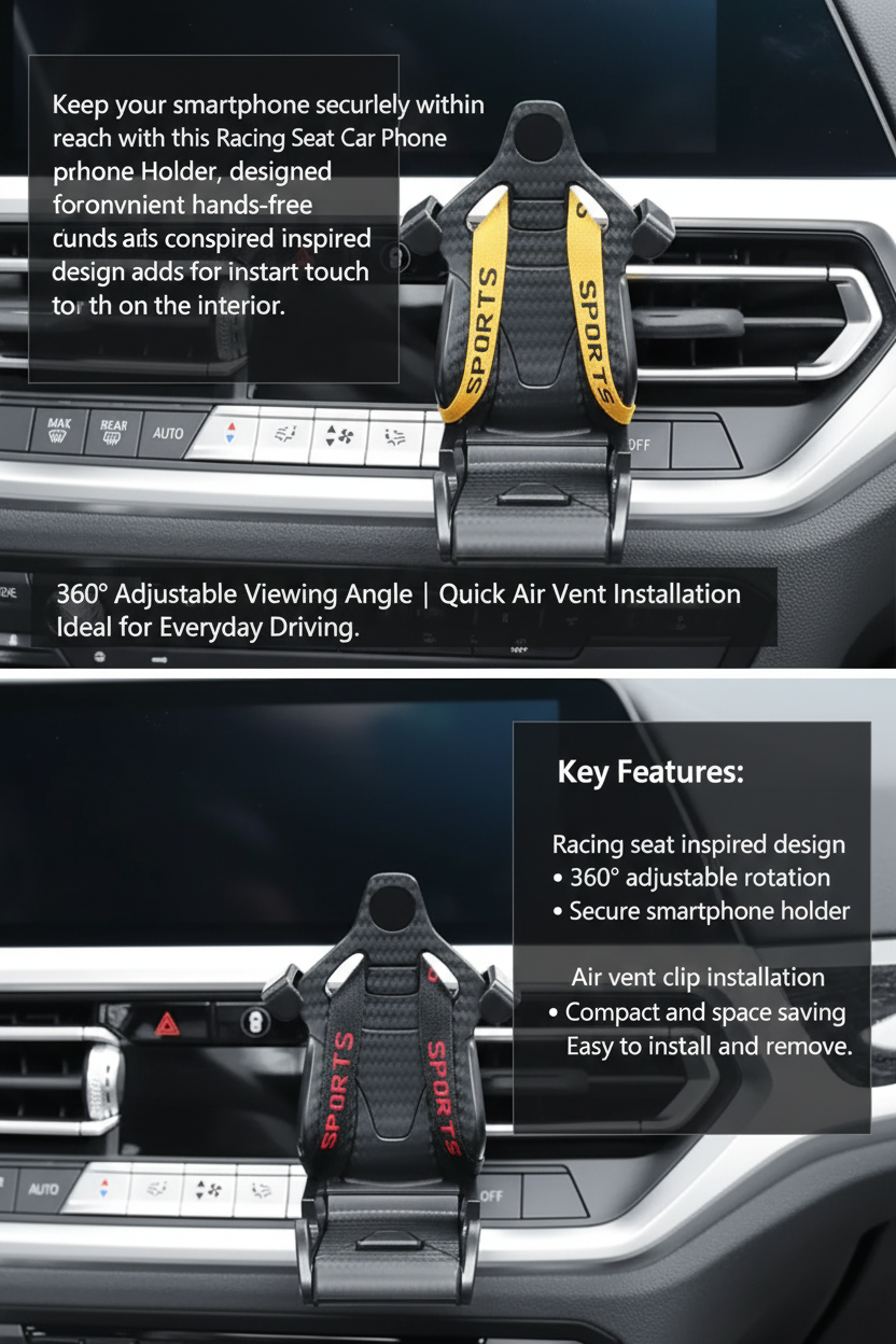 Racing Seat Car Phone Holder  360° Rotatable Air Vent Clip
